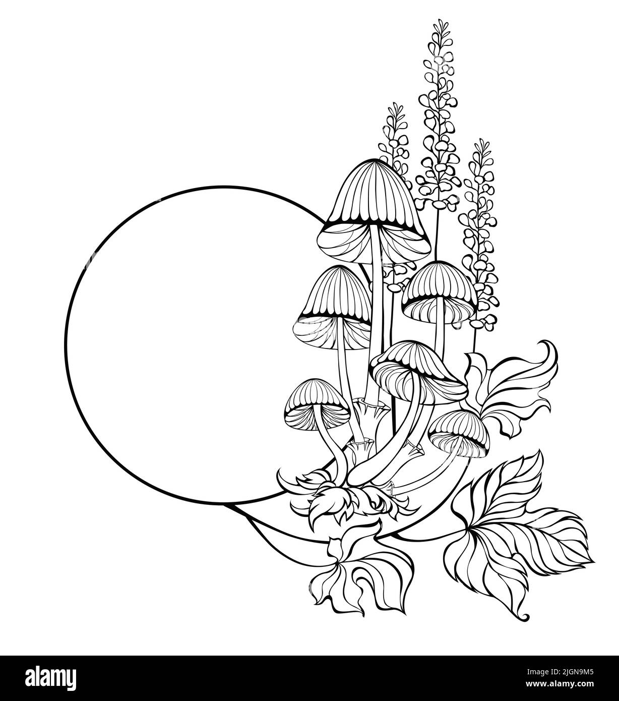 Contorno, monograma redondo decorado con setas pantanosas con plantas silvestres sobre fondo blanco. Goblincore. Ilustración del Vector
