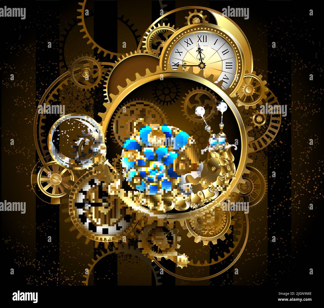 Relojería de relojes antiguos, engranajes de latón y oro, lente de aumento, ralentizado por caracol mecánico con concha de vidrio azul. Estilo steampunk. Ilustración del Vector