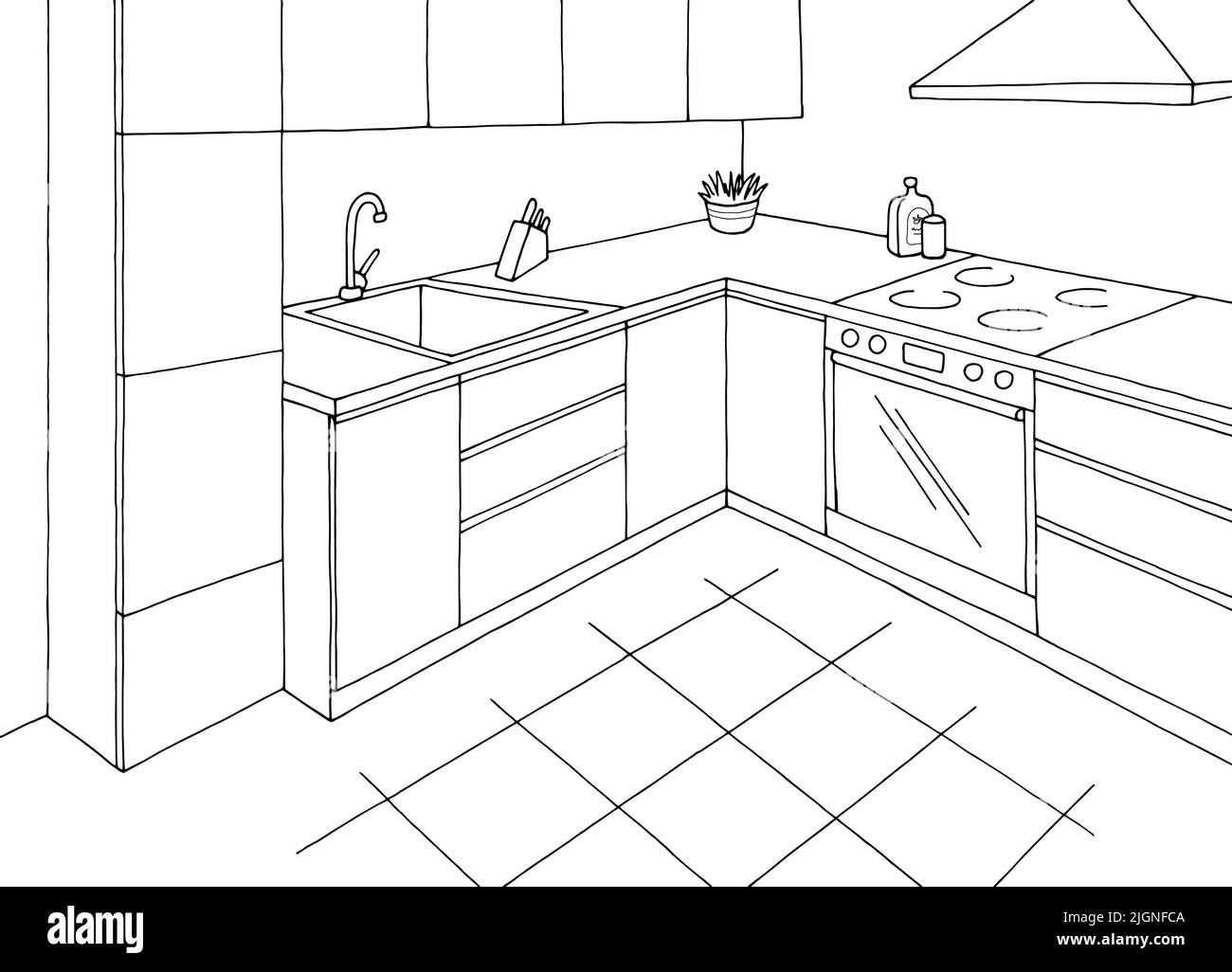 Cocina Moderna En Blanco Y Negro Con Armario Microondas Fregadero Stock de  ilustración - Ilustración de grifo, elegante: 266088215