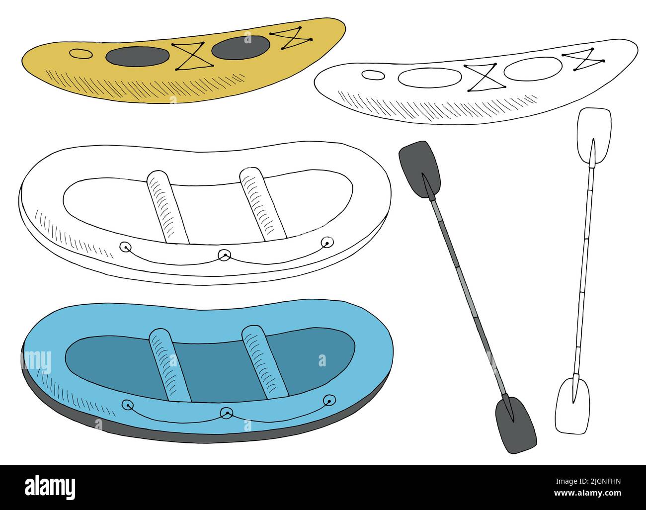 Sport barco conjunto balsa kayak gráfico dibujo aislado croquis ilustración vector Ilustración del Vector