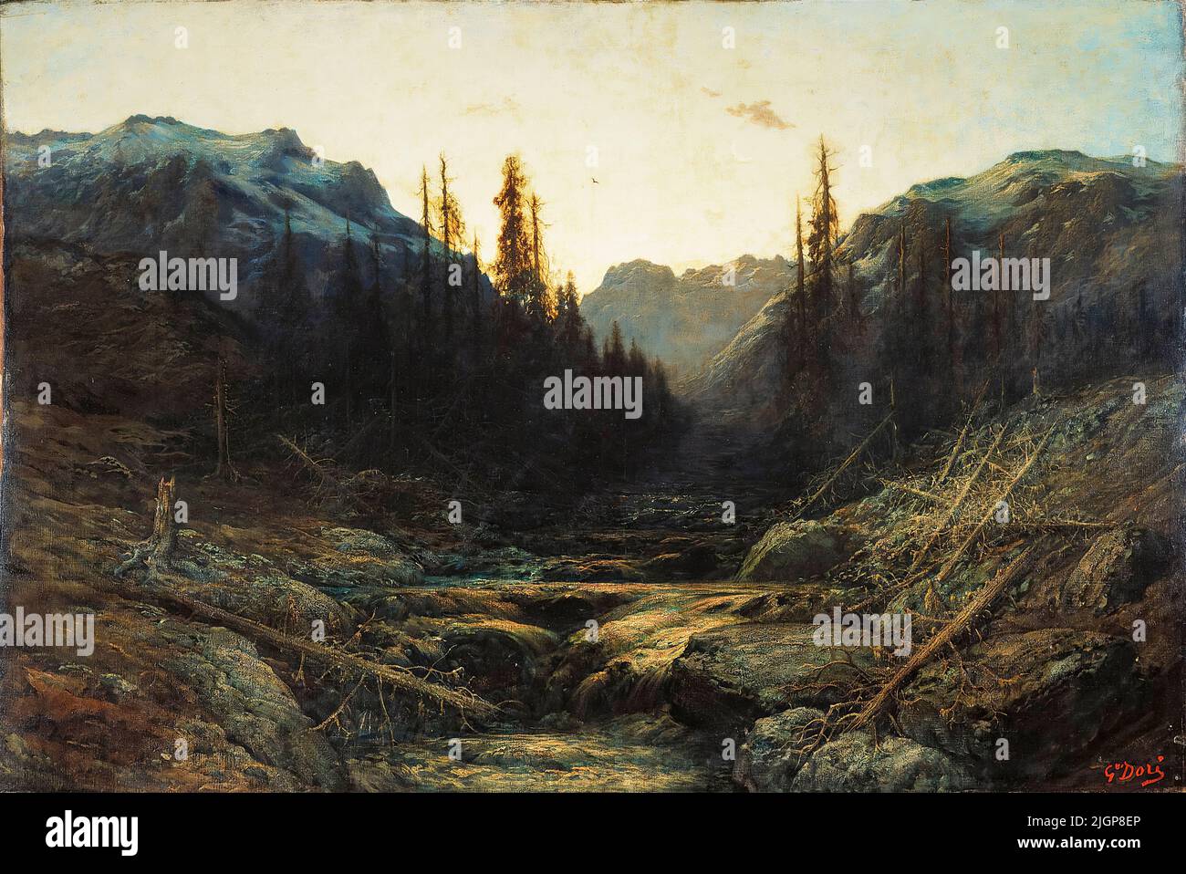Gustave Doré, corriente en las montañas al anochecer, pintura de paisajes al óleo sobre lienzo, 1850-1883 Foto de stock