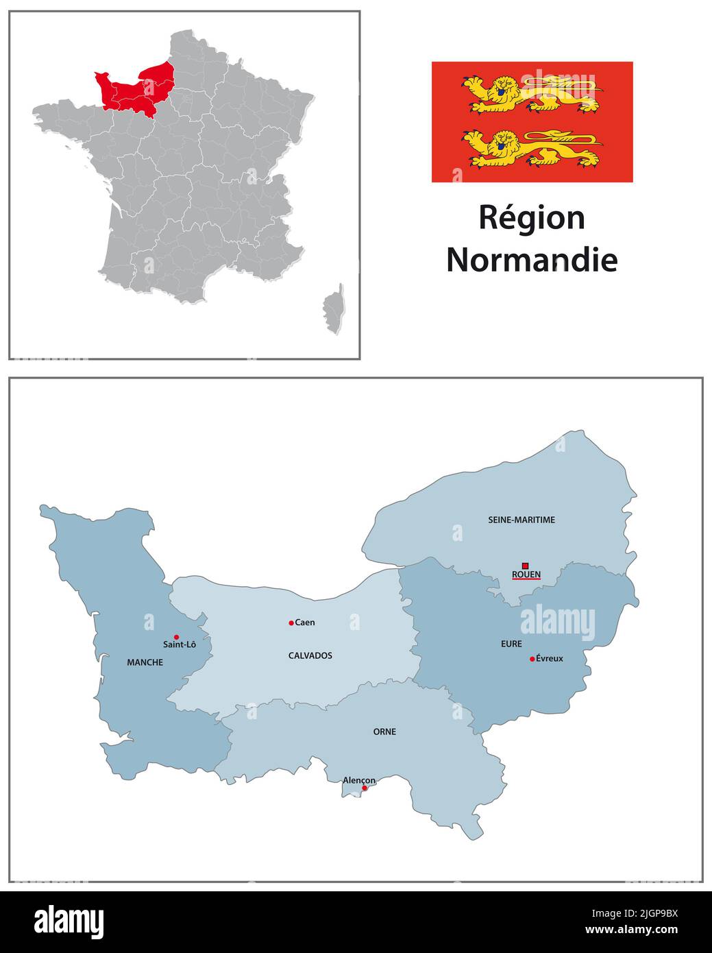 Mapa de vectores administrativos con bandera de la región francesa de Normandie Foto de stock