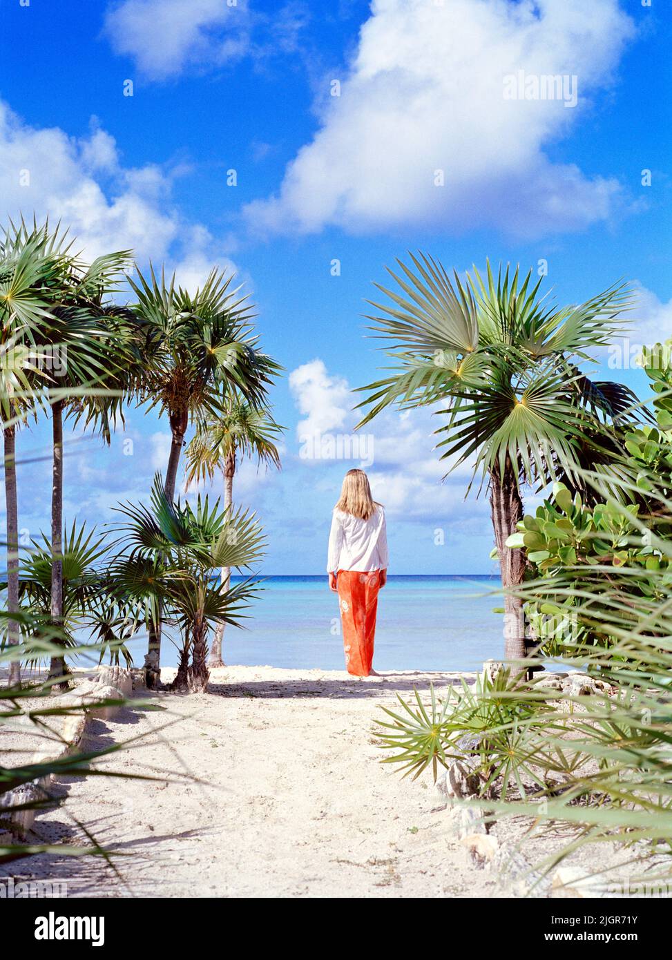 Vista trasera de una mujer mirando al océano, Parrot Cay resort, Turks y Caicos Foto de stock