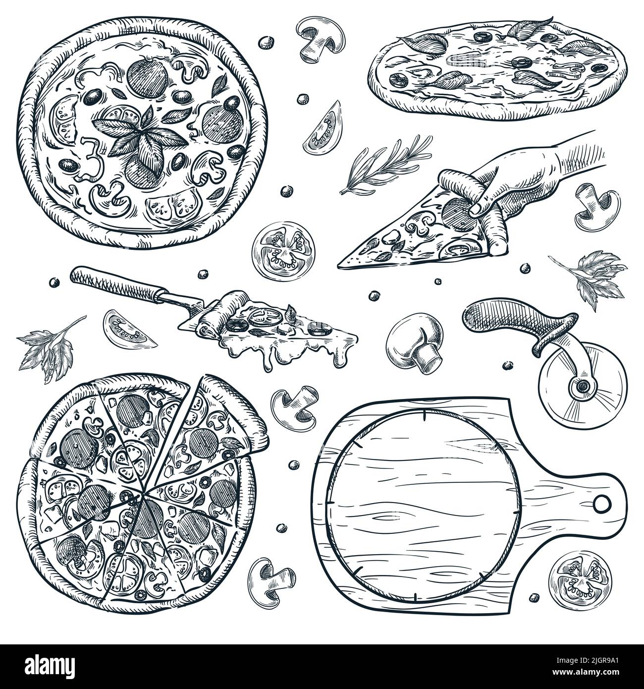 Juego de pizza italiana, aislado sobre fondo blanco. Ilustración de boceto vectorial de comida rápida para aperitivos. Menú de pizzería Elementos de diseño vintage dibujados a mano Ilustración del Vector