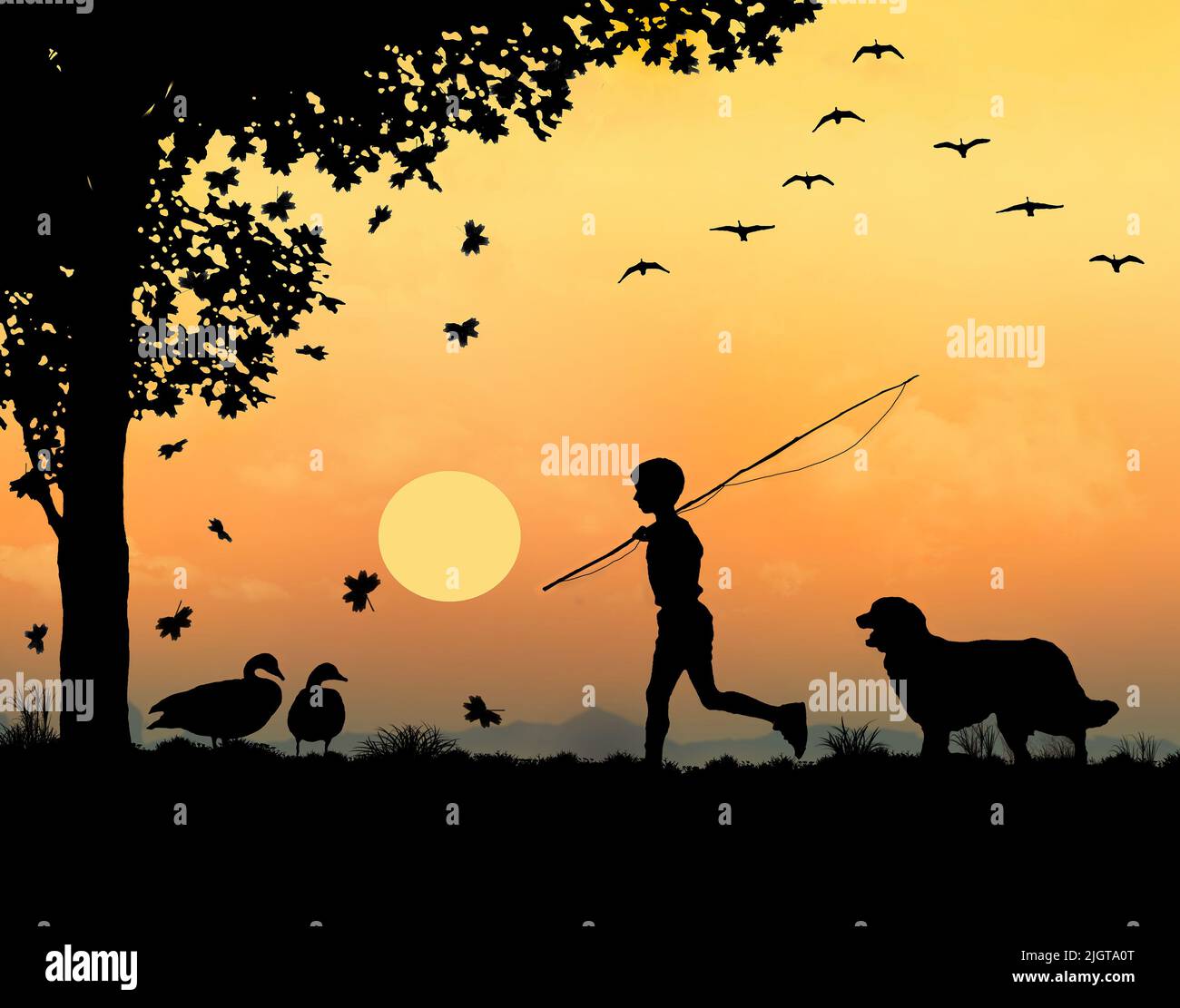 Un niño con una caña de pescar y su perro son vistos caminando mientras las hojas caen de un árbol de arce y los gansos de canadá vuelan y se sientan cerca en una ilustración de 3. Foto de stock