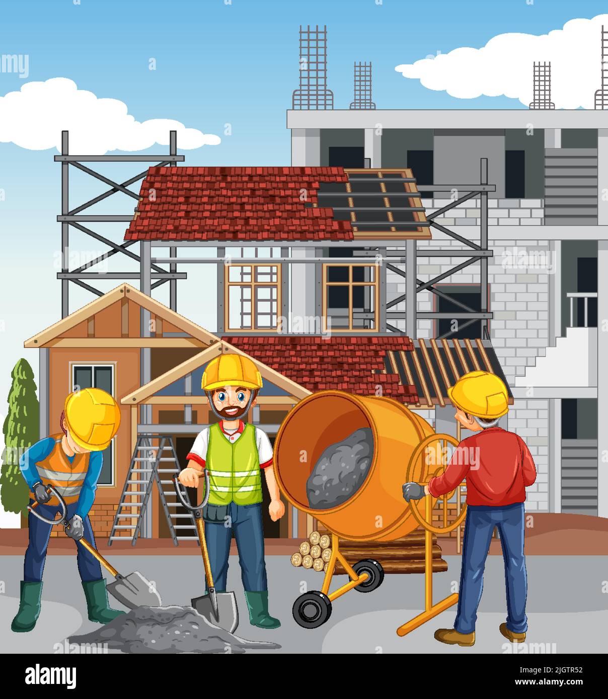 Obra de construcción de la casa con ilustración de dibujos animados de los  trabajadores Imagen Vector de stock - Alamy