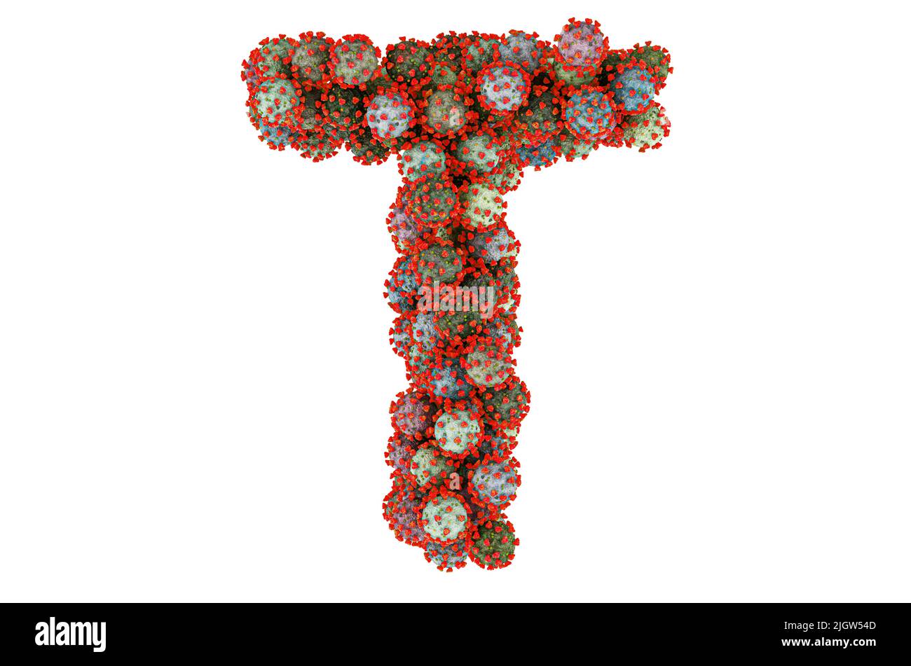 Letra T de virus. Reproducción 3D aislada sobre fondo blanco Foto de stock