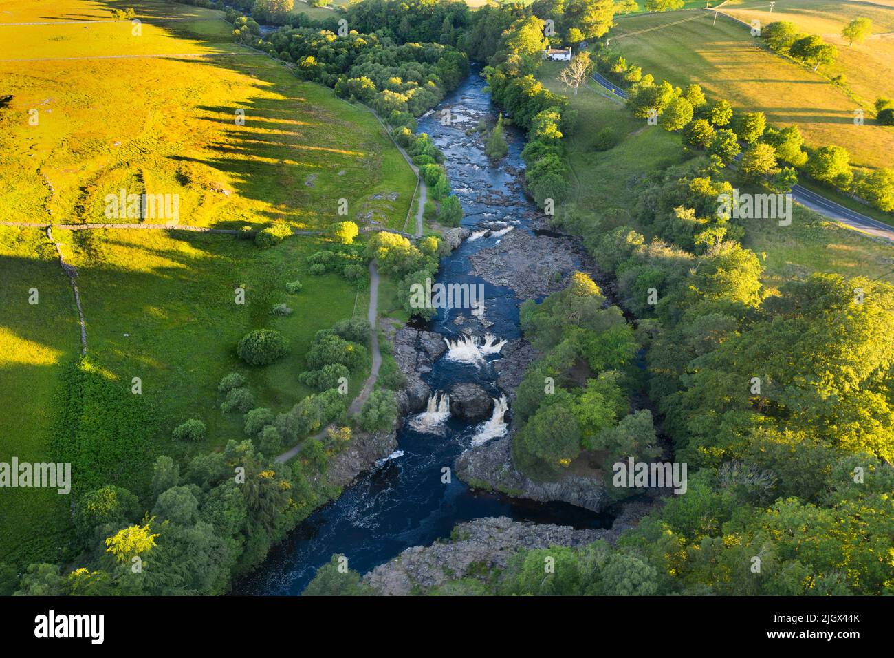 Los Tees del río que fluye sobre la fuerza baja en verano, Bowlees, Teesdale, condado de Durham, Reino Unido Foto de stock