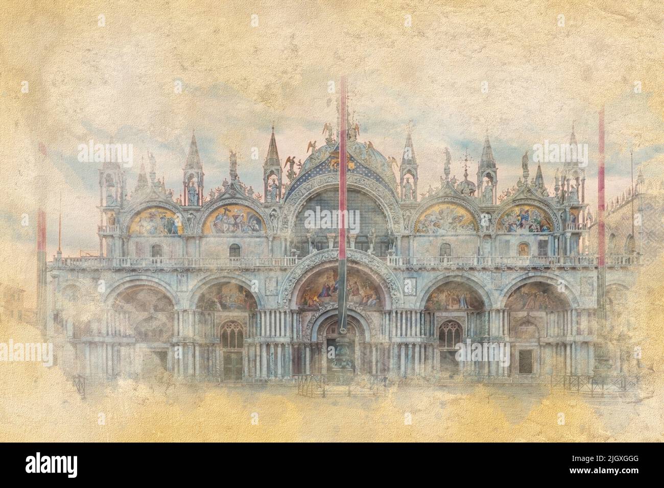 Basílica de San Marcos en la ciudad de Venecia: Ilustración con efecto de acuarela Foto de stock