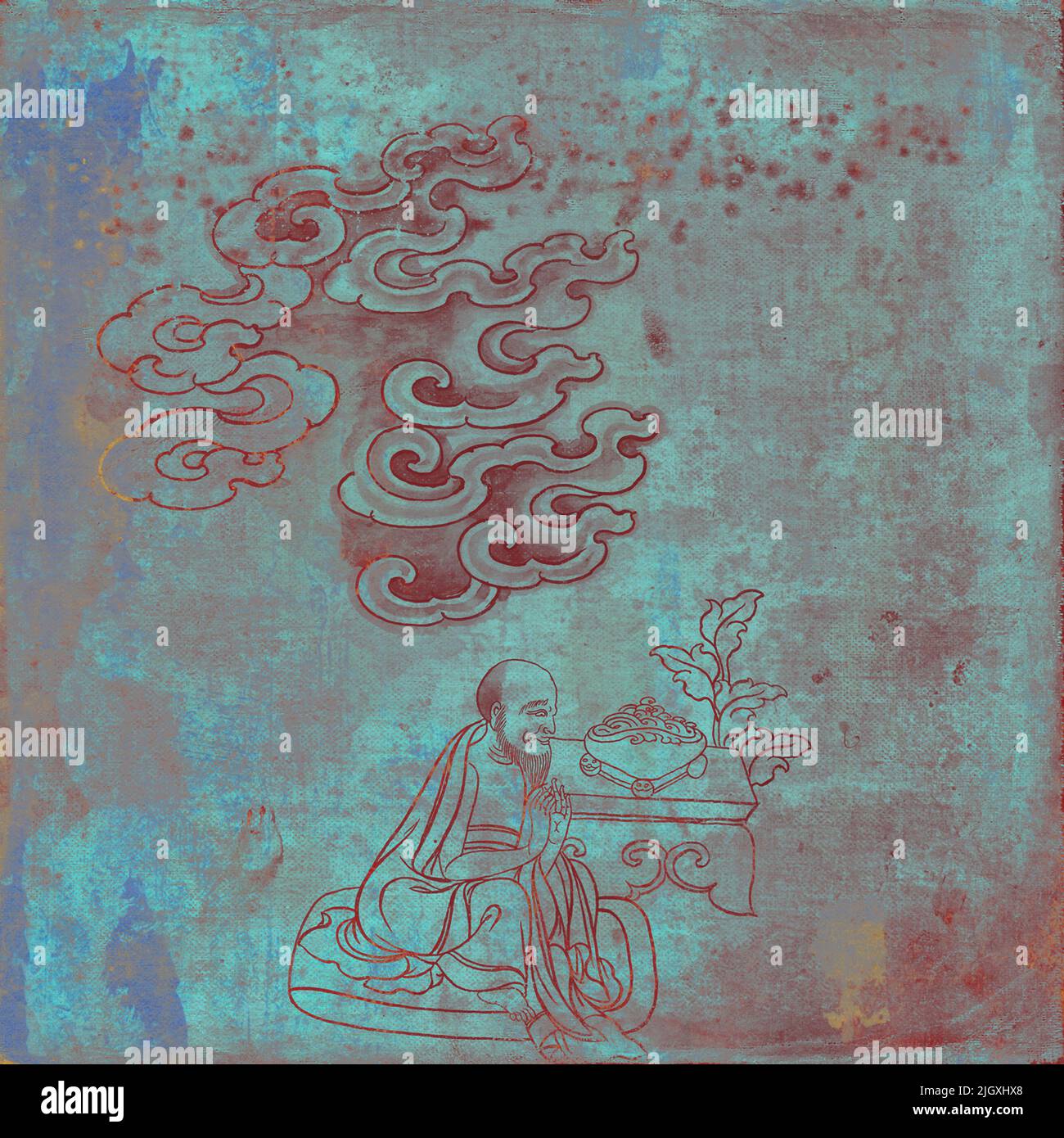 Ilustraciones antiguas de buda grunge con colores y texturas abstractas. Anciano ofreciendo bendición antes de comer, Foto de stock