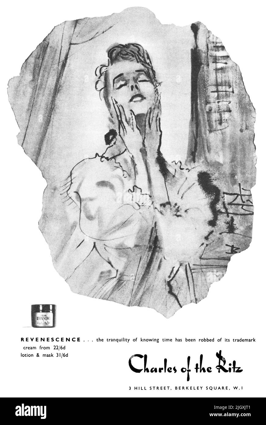 1955 Anuncio británico para la crema y loción facial Revenescence por Charles de los cosméticos Ritz. Foto de stock