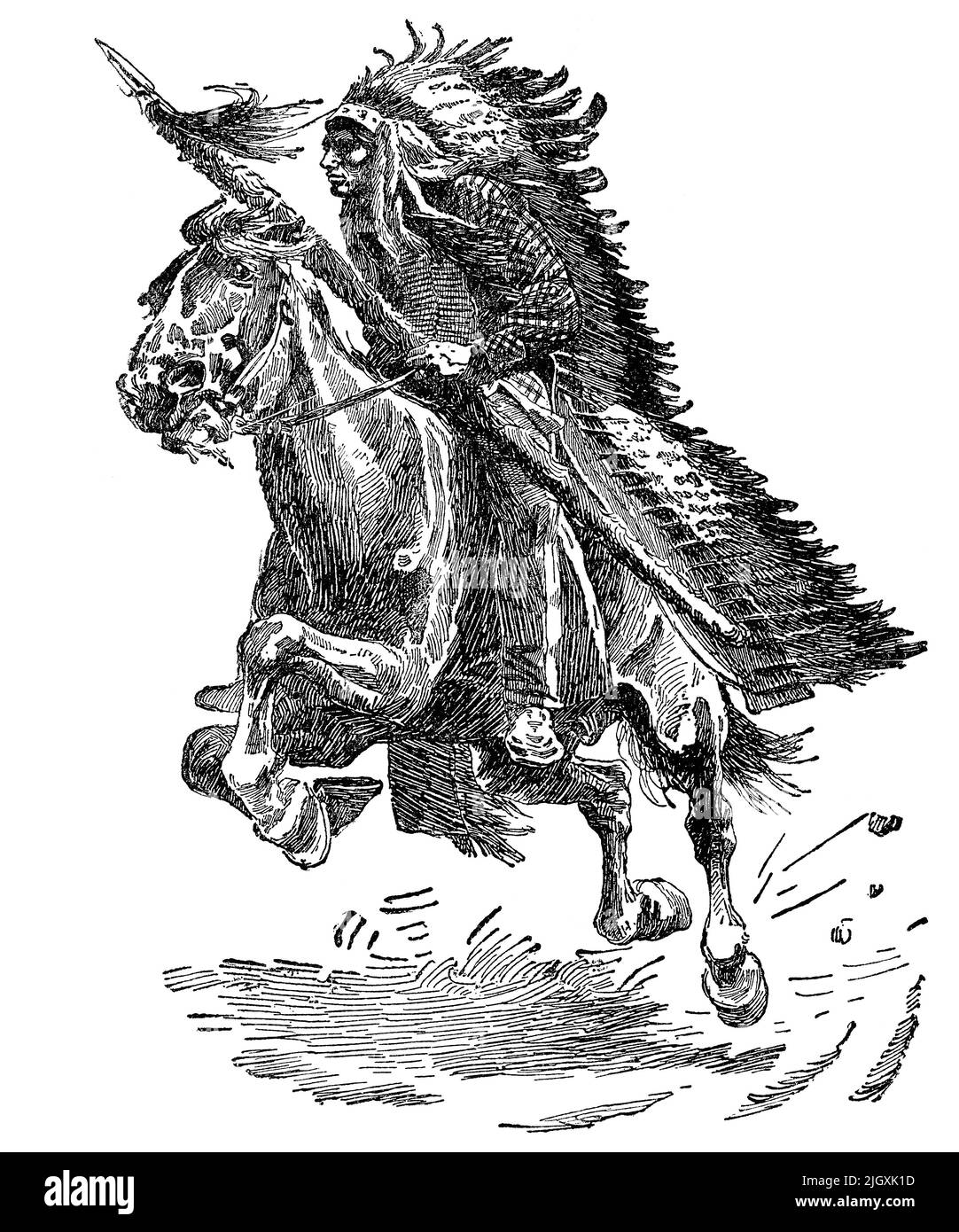 Grabado de la era victoriana de un guerrero nativo americano a caballo. Foto de stock
