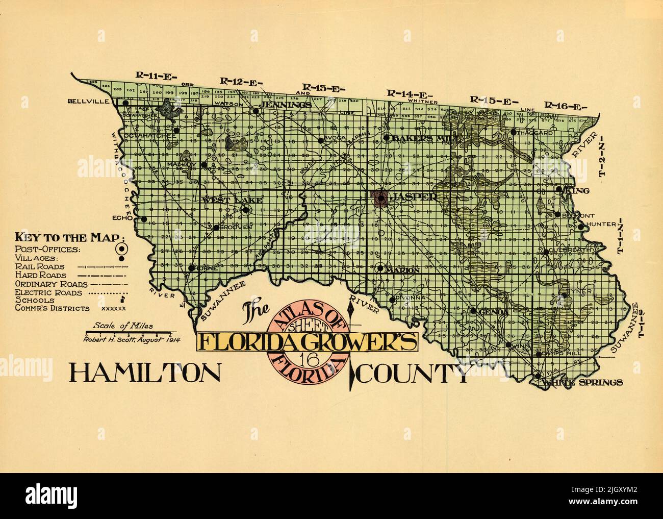 The Florida Growers Atlas of Florida, Mapa del Condado de Hamilton, 1914, por Robert H. Scott Foto de stock