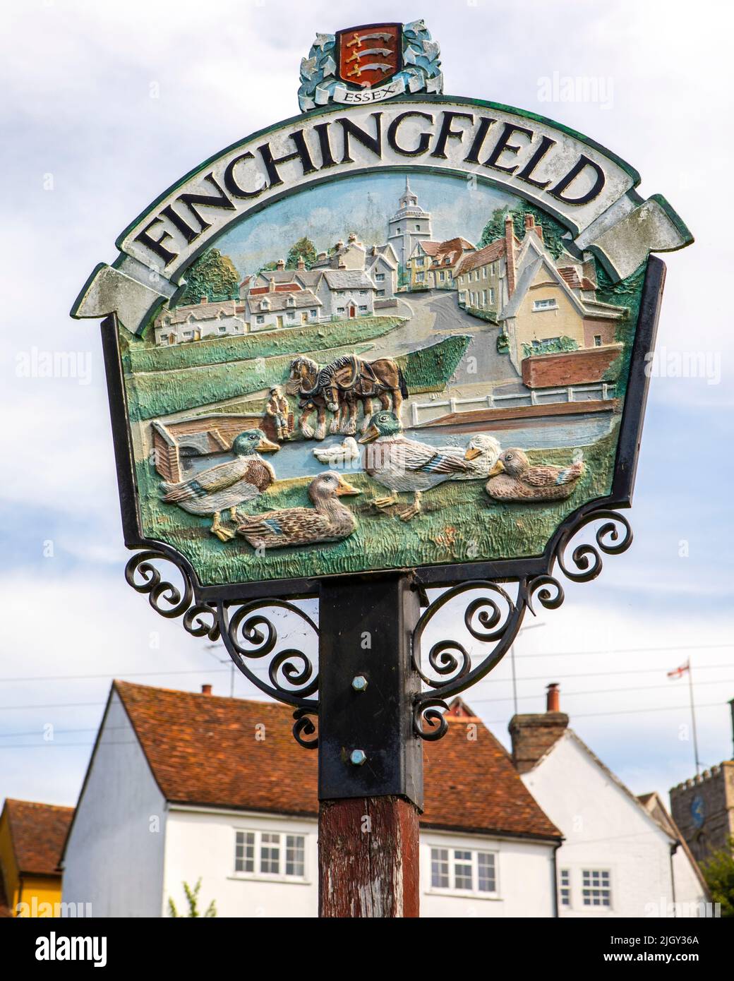 Signo tradicional en el hermoso pueblo de Finchingfield en Essex, Reino Unido. Foto de stock