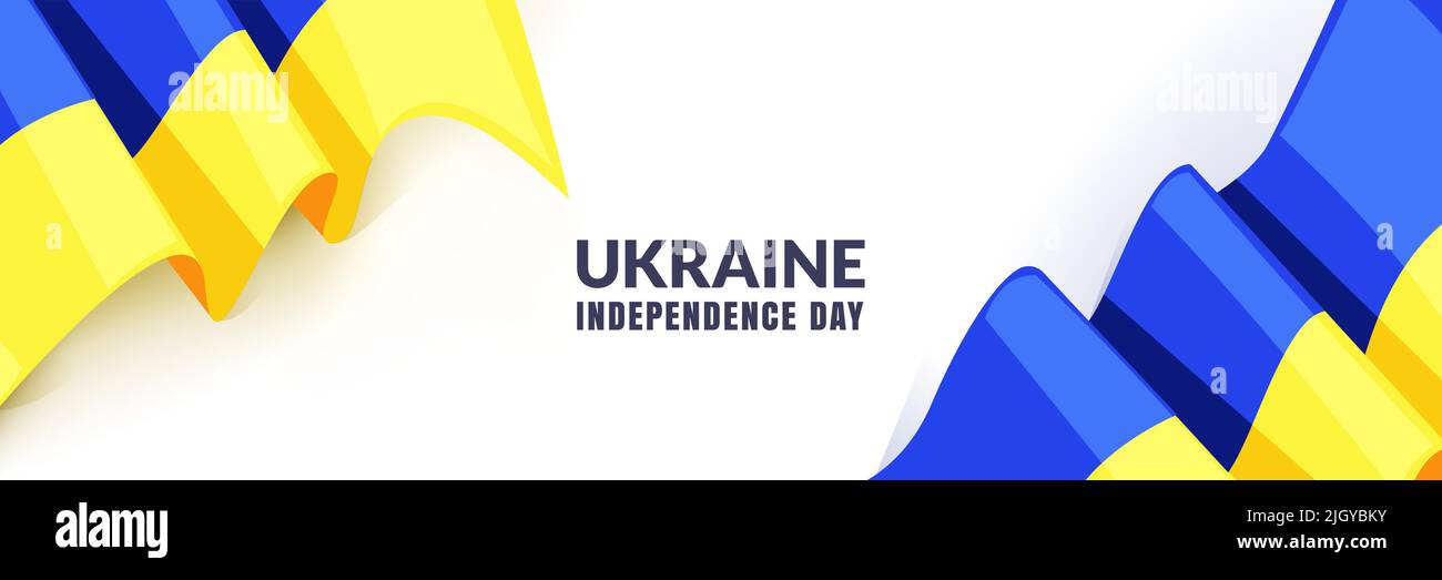 24 de agosto Día de la Independencia de Ucrania. Banner horizontal de vacaciones, cartel o marco con bandera azul amarilla ucraniana sobre fondo blanco. Vehículo plano Vector Ilustración del Vector