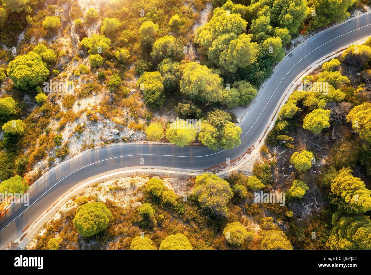 Vista aérea de la carretera serpenteante en un hermoso bosque verde al amanecer Foto de stock