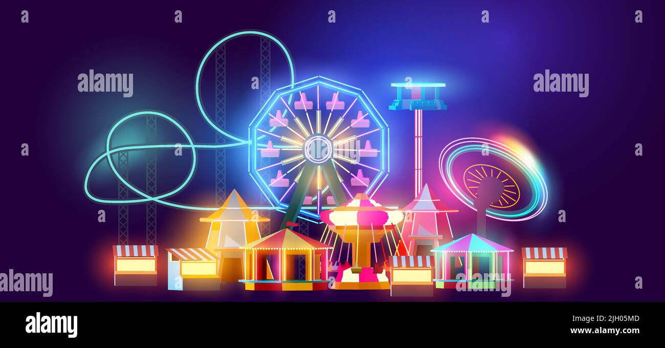 Atracciones y atracciones de feria y carnaval que brillan por la noche. Ilustración vectorial. Ilustración del Vector