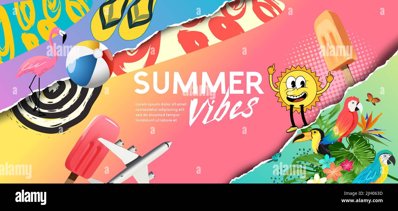 Colorido y brillante fondo de diseño collage de verano. Ilustración vectorial. Ilustración del Vector