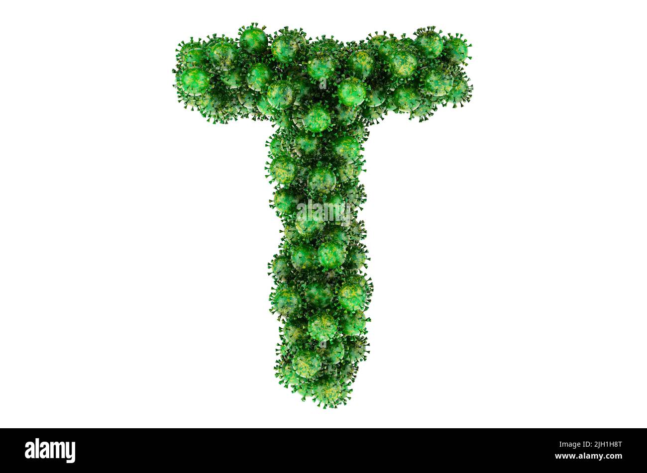 Letra T de virus verdes. Reproducción 3D aislada sobre fondo blanco Foto de stock
