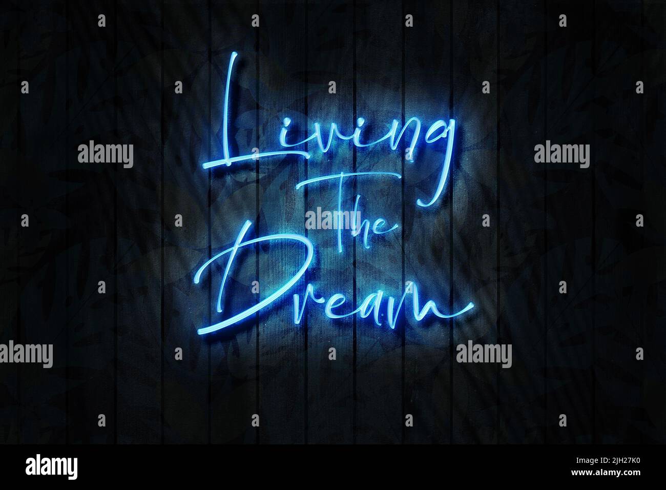Signo de neón Living the Dream en una pared de madera oscura, ilustración de 3D. Foto de stock