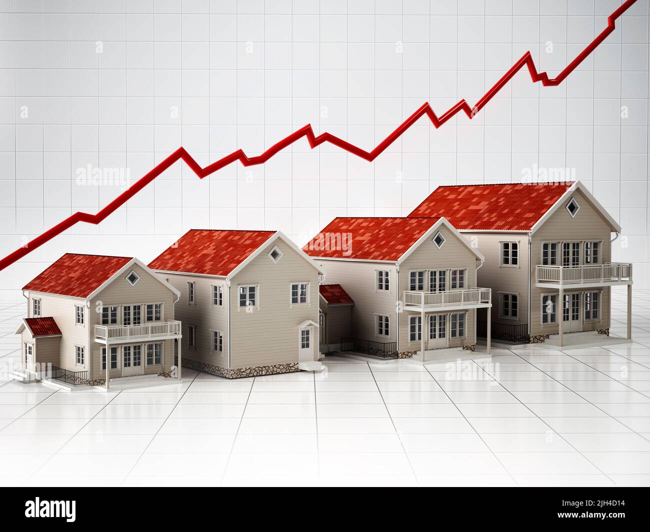 Concepto de aumento de los precios de la vivienda. Ilustración 3D. Foto de stock