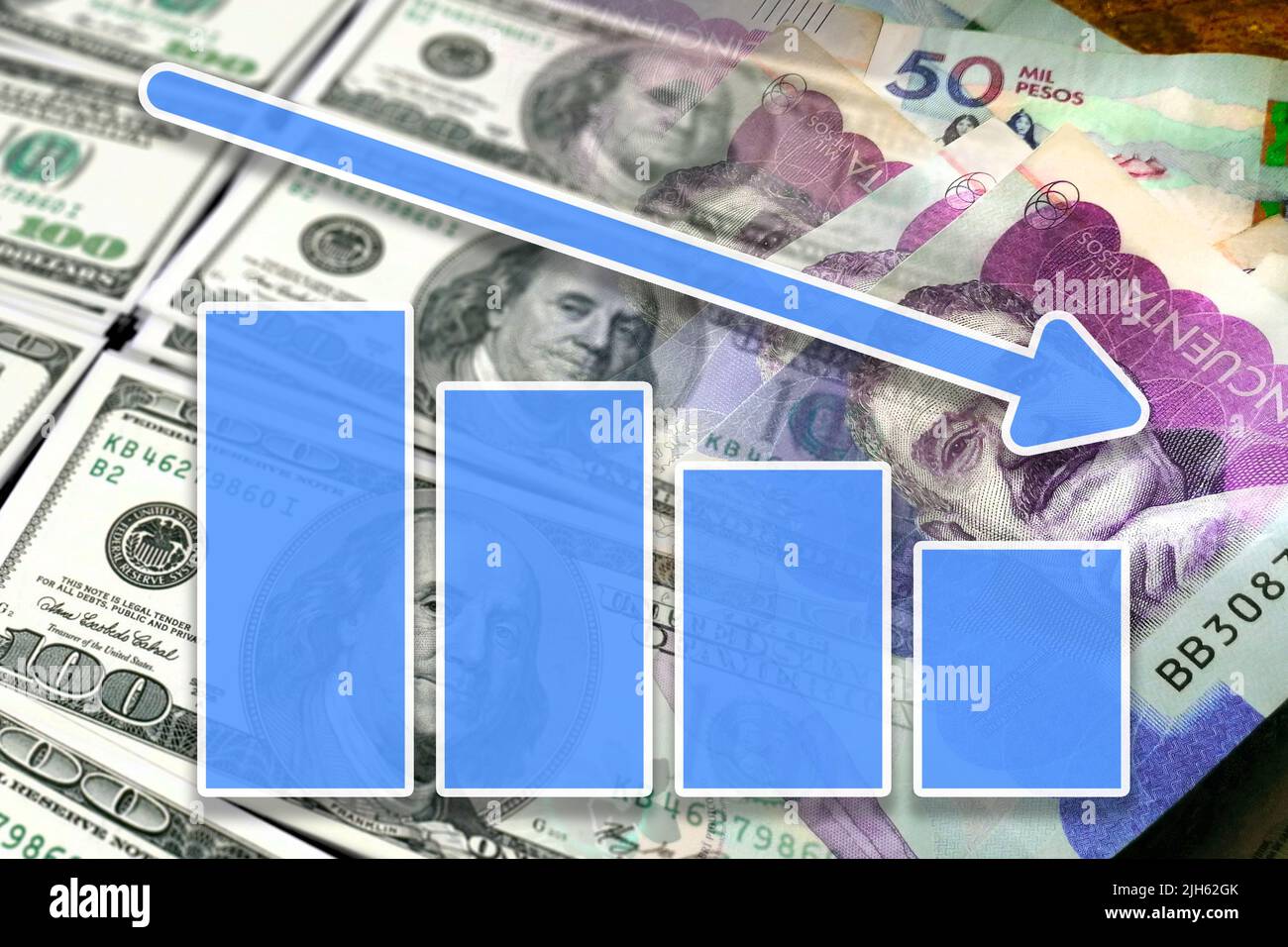 Gráfico de economía: Flecha hacia abajo y billetes de dólares y pesos  colombianos Fotografía de stock - Alamy