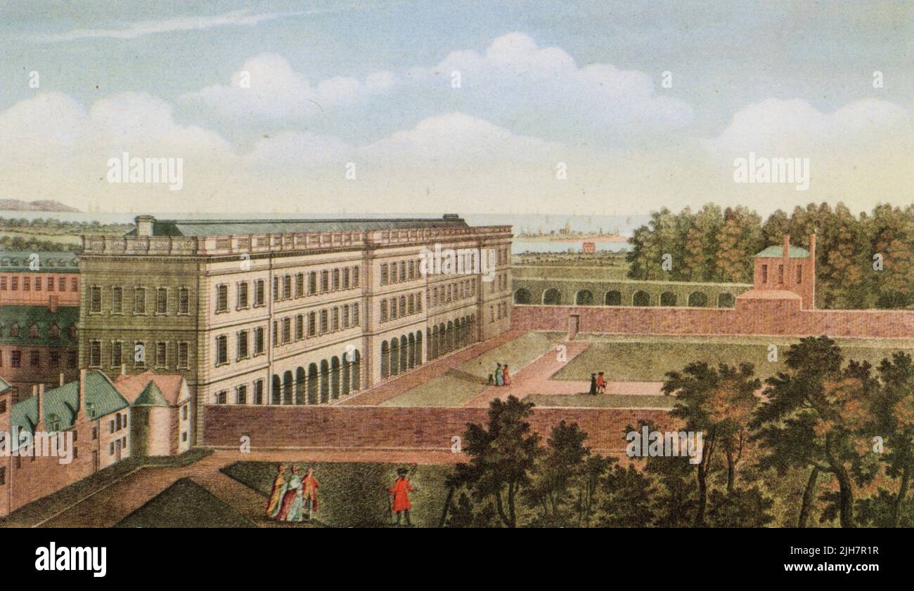 La Biblioteca del Trinity College, Dublín, c1760. Publicado por Robert Sayer (1725-1794). El edificio más antiguo de la biblioteca, ahora conocido como la Biblioteca Vieja, fue diseñado por Thomas Burgh (1670-1730). La construcción comenzó en 1712 y se completó en 1732. Foto de stock