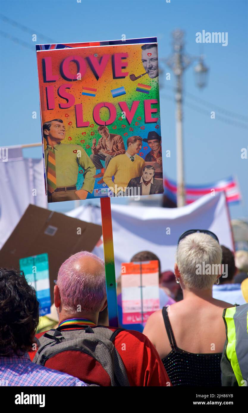 Trans Pride Brighton & Hove Protesta marcha a lo largo del paseo marítimo, Brighton & Hove. El AMOR de la lectura del cartel ES AMOR. 16 de julio de 2022. Crédito: J. Marshall / Alamy Live News Foto de stock