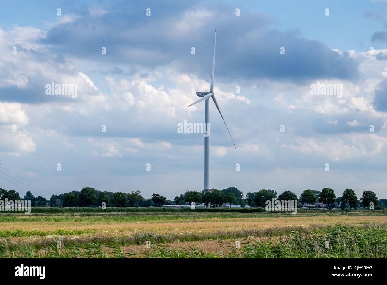 Hamburgo, Alemania - 07 04 2022: Vista de un campo de grano con un aerogenerador Hamburg Energie frente a un cielo nublado Foto de stock