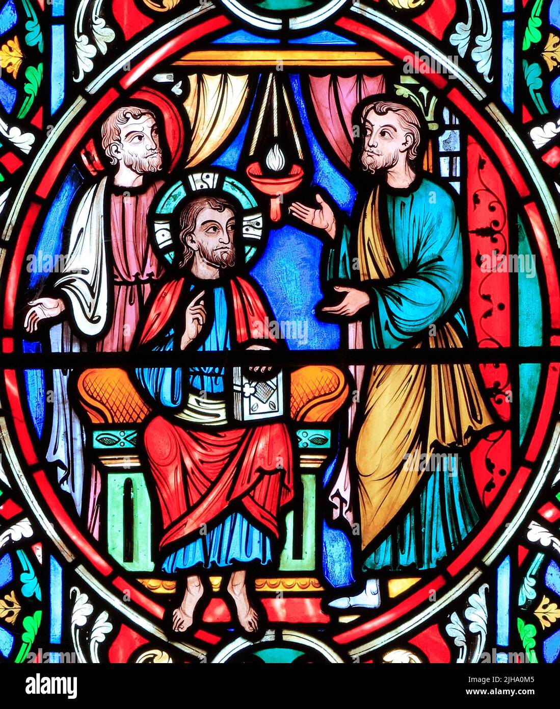 Escena de la vida de Jesús, por Adolph Didron, París, 1860, vitral, Feltwell, Norfolk, Inglaterra. Jesús se encuentra y recluta discípulo Foto de stock