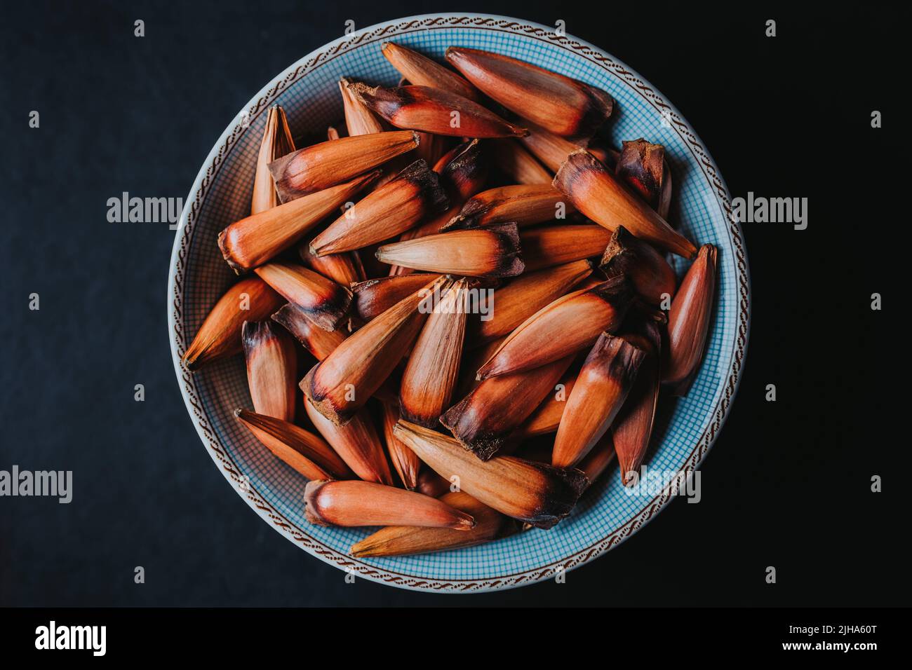 Piñones chilenos, araucaria, en un cuenco azul Foto de stock
