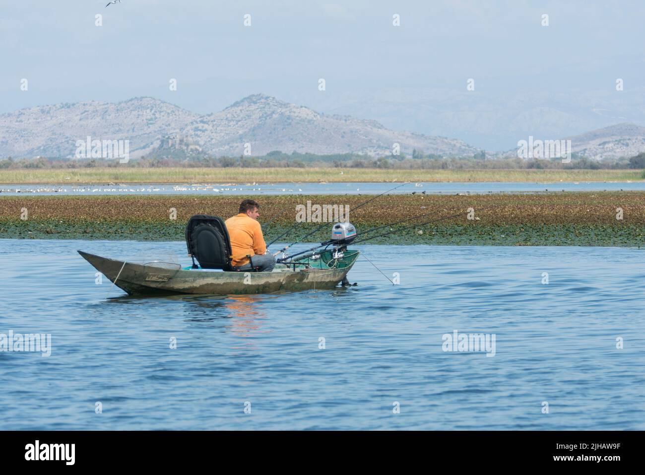 Pescador en su barco en el lago Skadar en Montenegro Foto de stock