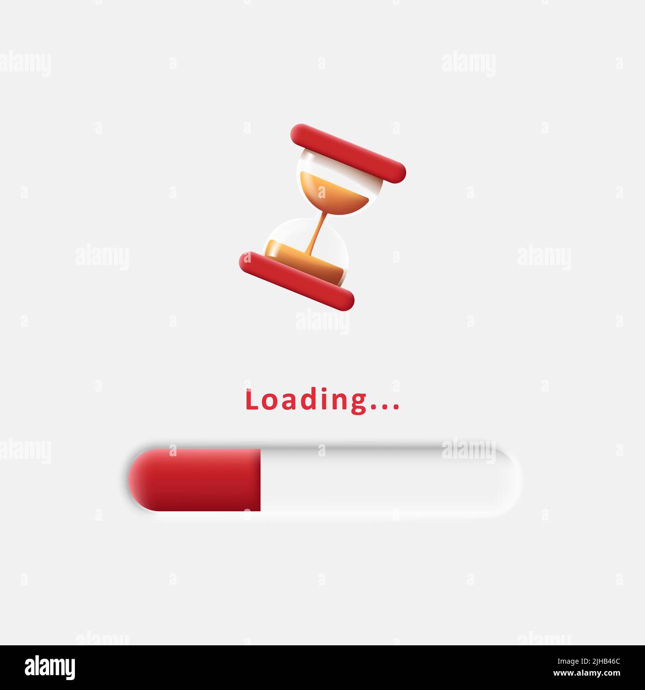 ilustración 3d de la barra de carga 3d con icono de reloj de arena de cristal, colores rojo y blanco Ilustración del Vector
