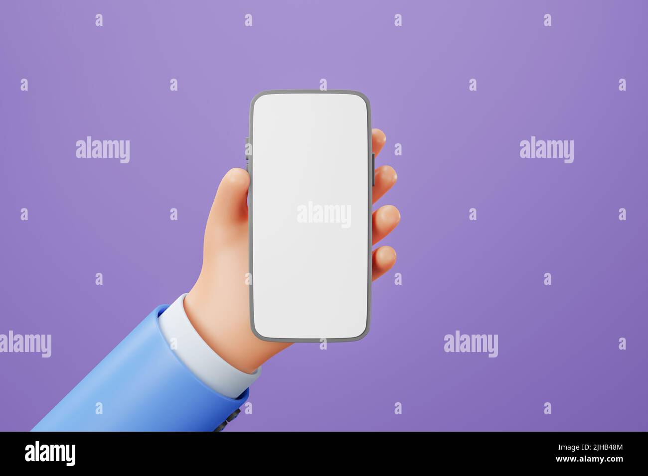 3D Cartoon mano sostener smartphone aislado sobre fondo púrpura, mano usando mockup de teléfono móvil. ilustración 3d Foto de stock