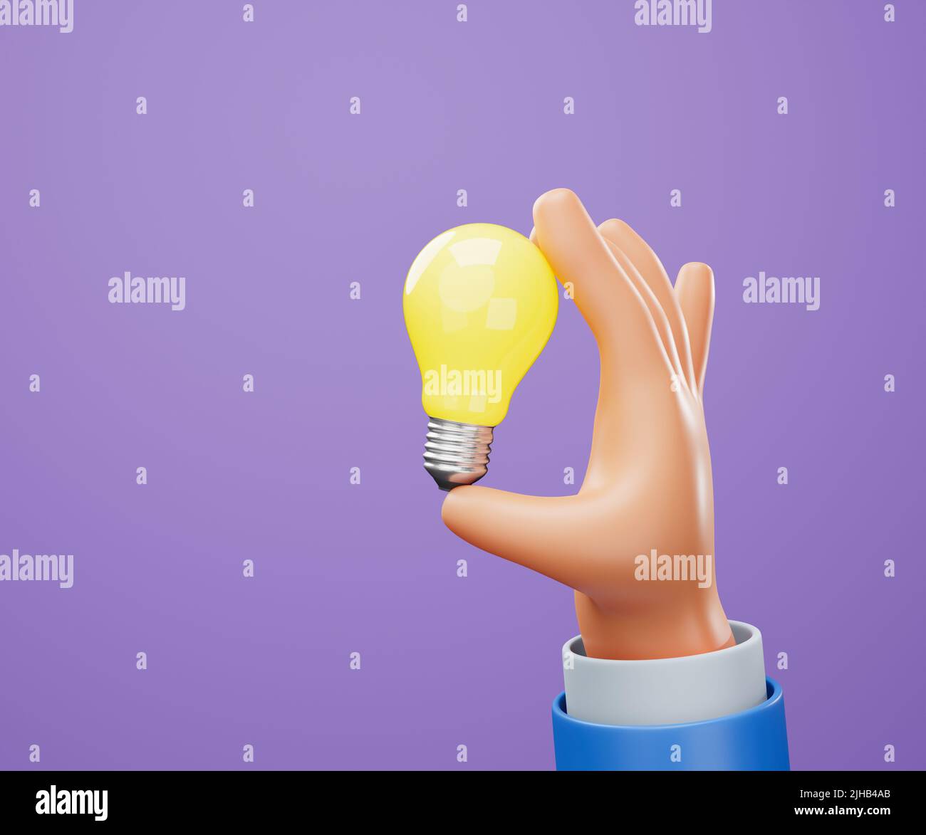 3D Cartoon mano sosteniendo bombilla sobre fondo púrpura. Buena idea y éxito de negocio concepto creativo. ilustración 3d Foto de stock