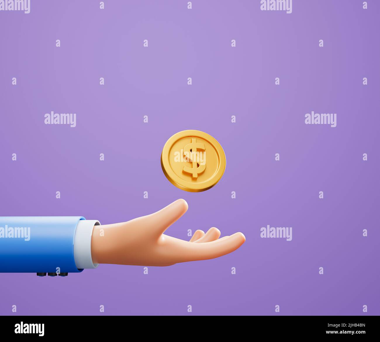 3D Mano sosteniendo una moneda, ahorro de dinero, pago en línea y concepto de pago. ilustración 3d Foto de stock