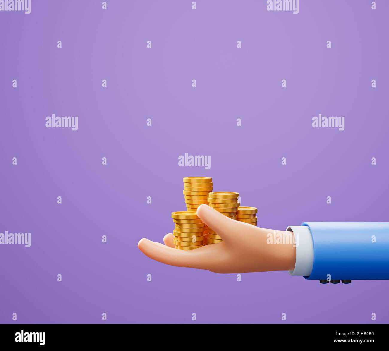 3D Mano sosteniendo la pila de monedas sobre fondo púrpura, ahorro de dinero, pago en línea, y concepto de pago. ilustración 3d Foto de stock