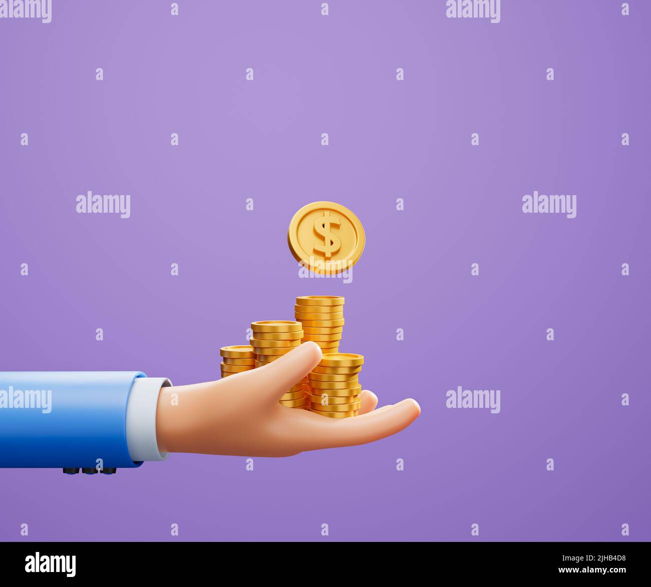 3D Mano sosteniendo la pila de monedas sobre fondo púrpura, ahorro de dinero, pago en línea, y concepto de pago. ilustración 3d Foto de stock