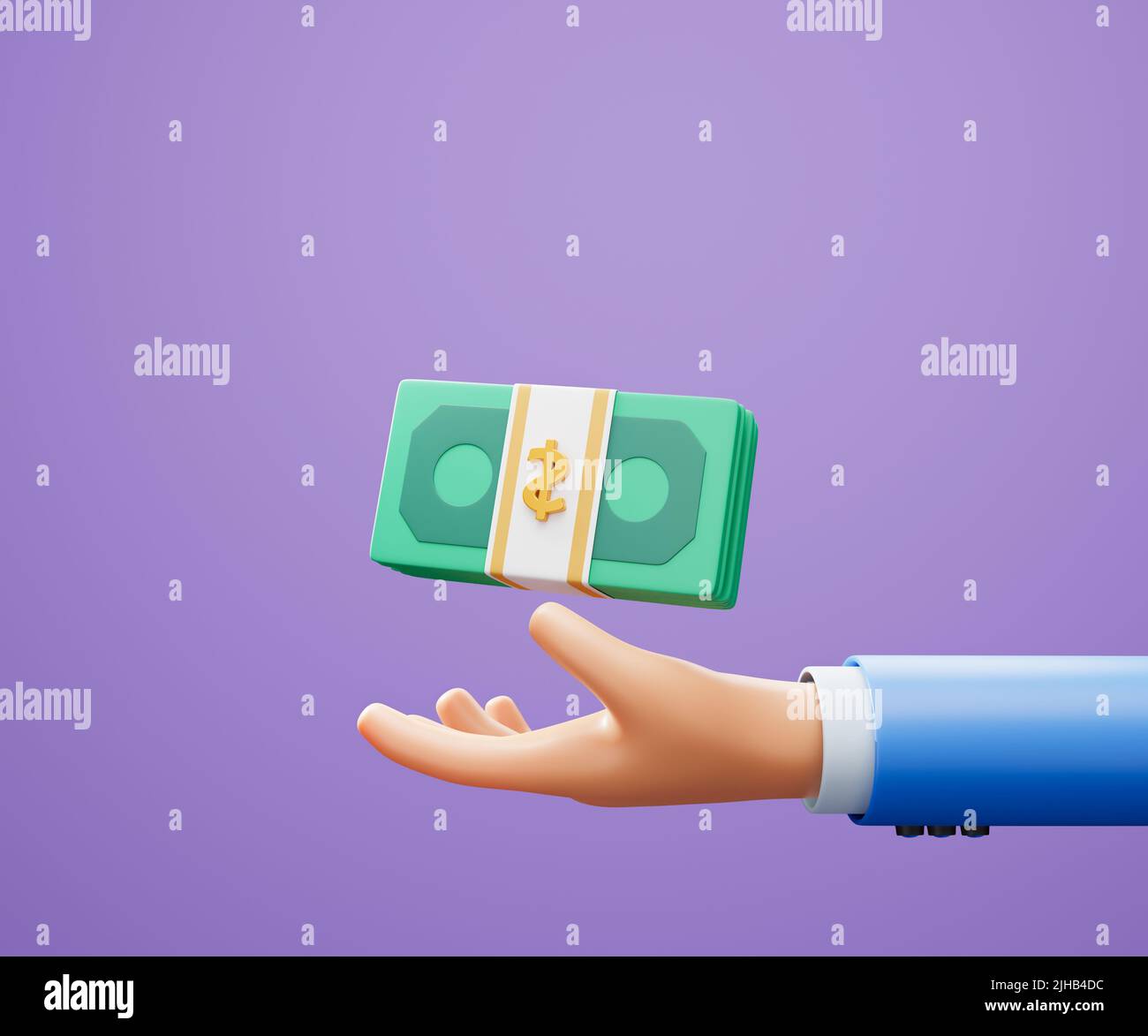 3D Banco de mano con fondo púrpura, ahorro de dinero, pago en línea y concepto de pago. ilustración 3d Foto de stock
