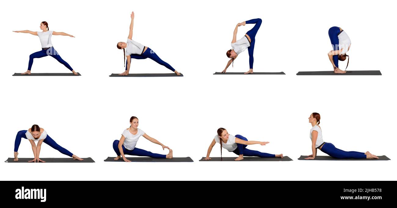 Colección de ejercicios de yoga. Mujer practicando yoga en la estera de yoga y mostrando diferentes posturas para el entrenamiento, aisladas sobre fondo blanco Foto de stock