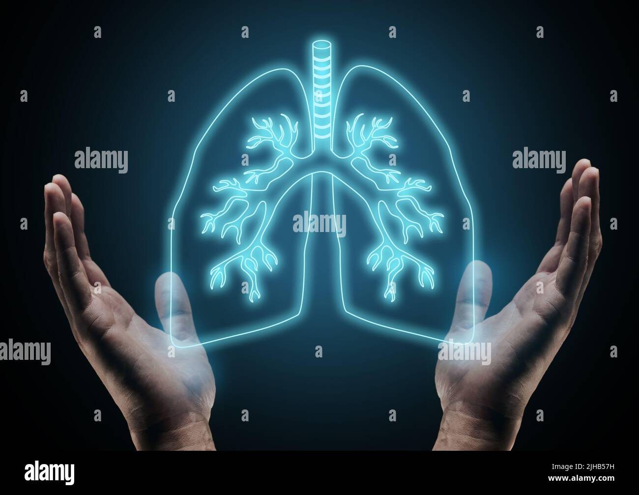 Salud pulmonar, concepto. Pulmones brillantes virtuales en las manos del médico sobre fondo negro Foto de stock
