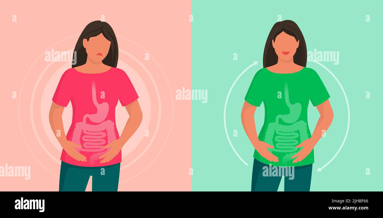 Mujer con dolor de vientre y la curación intestinal, cómo mejorar su digestión y mantener las tripas saludables Ilustración del Vector