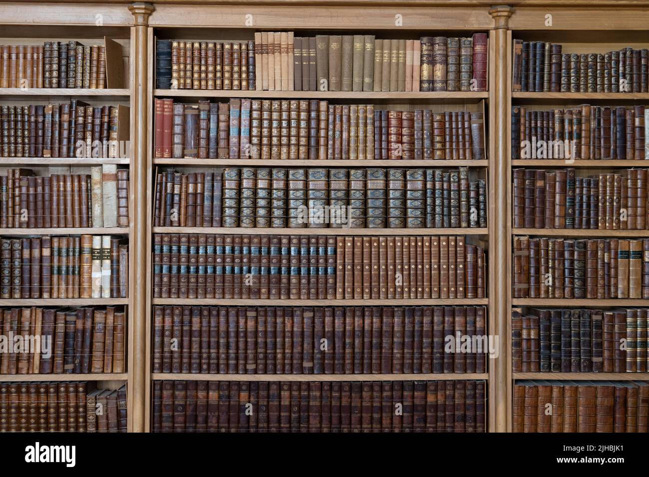 Una vista de la colección de libros antiguos en una estantería de madera Foto de stock