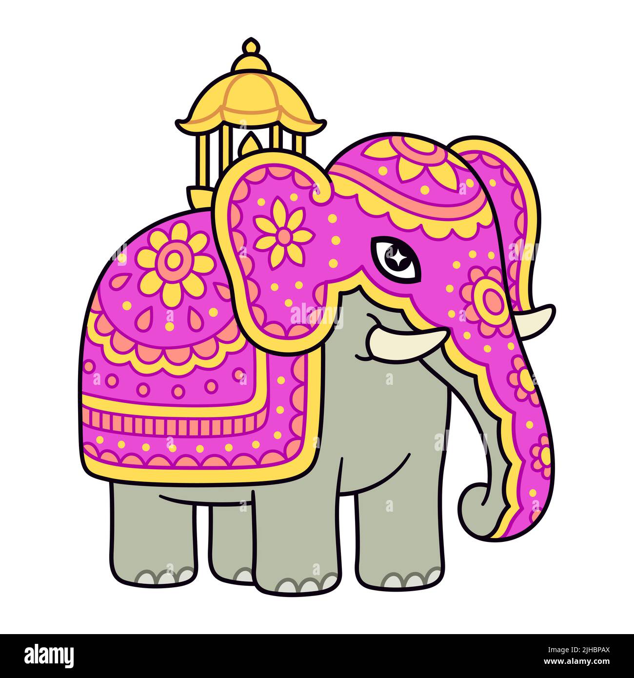 Elefante decorado para la procesión de Kandy Esala Perahera, Festival del Diente en Sri Lanka. Lindo dibujo de dibujos animados, ilustración vectorial de imágenes prediseñadas. Ilustración del Vector