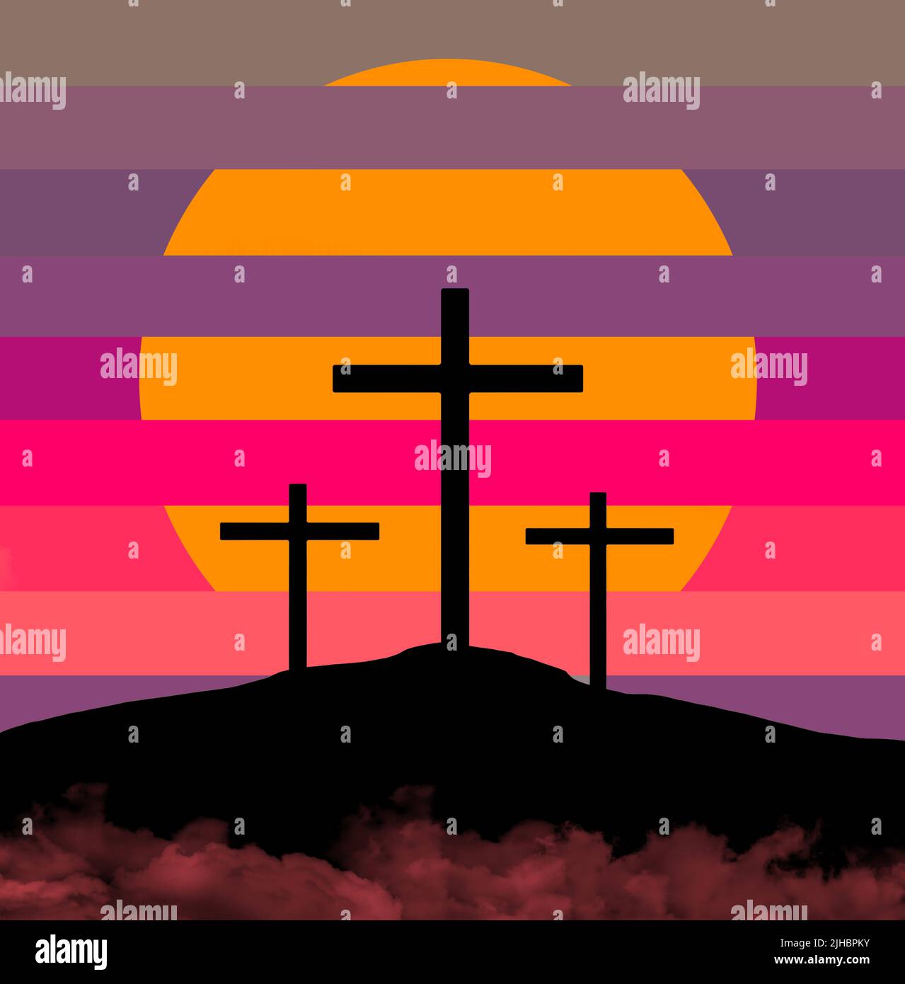 Las tres cruces de la crucifixión de Jesucristo se ven en siluetas frente a un colorido cielo en esta ilustración de las 3 de Pascua. Foto de stock