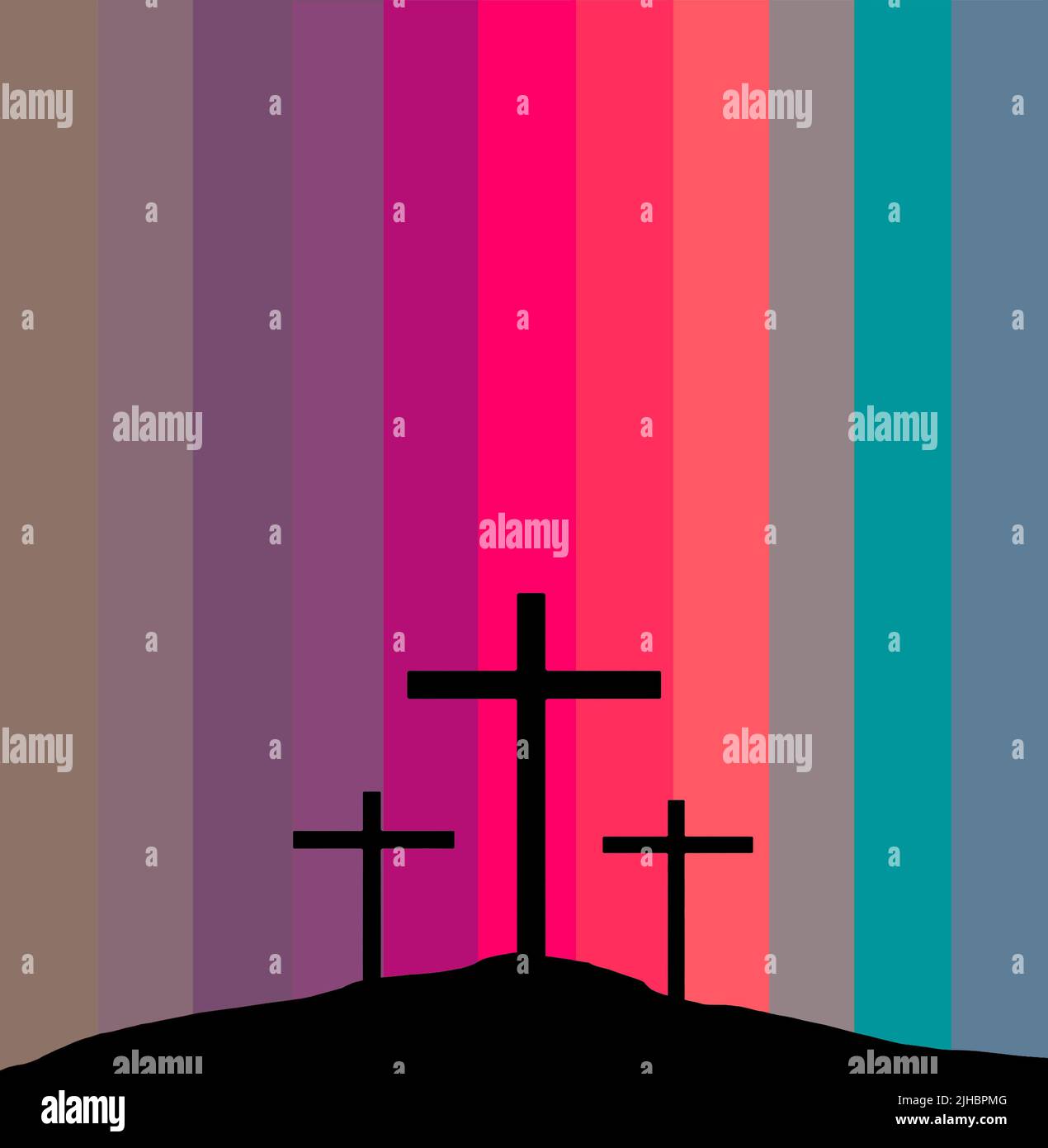 Cristo se ve en siluetas delante de un cielo colorido en esta ilustración de los 3 días de Pascua. Foto de stock