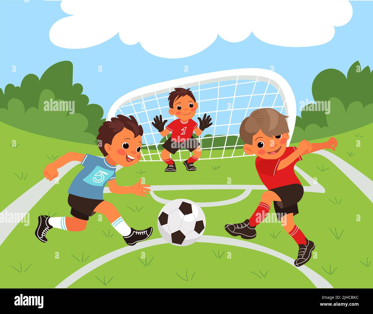 Fútbol para niños. Los niños juegan al deporte en el parque. Portero y  futbolistas pequeños. Niños corriendo al aire libre. Atletas pateando  pelota Imagen Vector de stock - Alamy