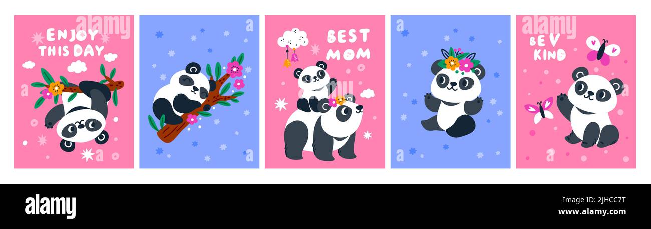 Panda lindo. Divertidos animales exóticos. Osos chinos. Mascotas cómicas de dibujos animados con corona de flores tropicales y rama de eucalipto. Fauna asiática. Padre con Ilustración del Vector