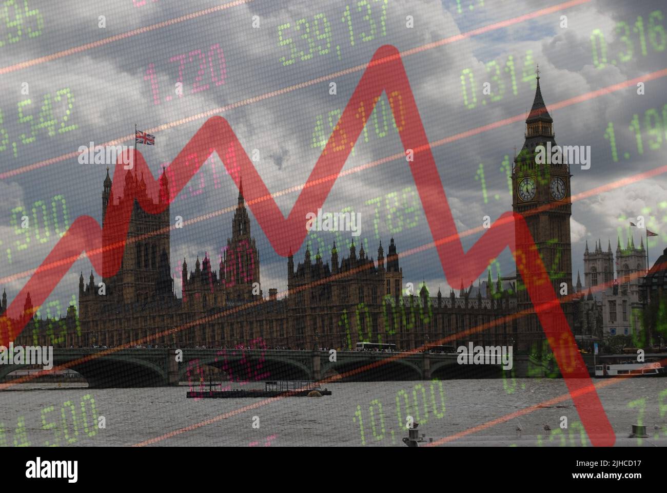 Compuesto digital de las Casas del Parlamento de Londres y el gráfico del ticker del desplome del mercado de valores, indicando recesión económica Foto de stock