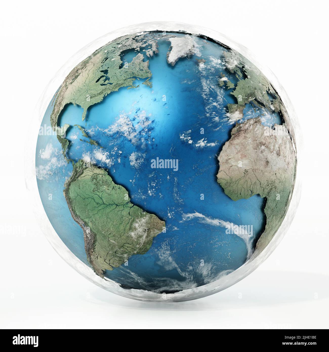3D Mapa de la Tierra con nubes que muestra América, Europa y África. Ilustración 3D. Foto de stock